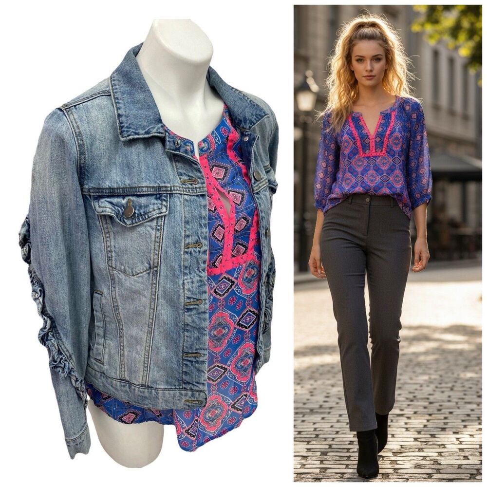 BP Ruffle Denim Jacket Top Womens Small Lot Blue Pink Pockets Work Boho
